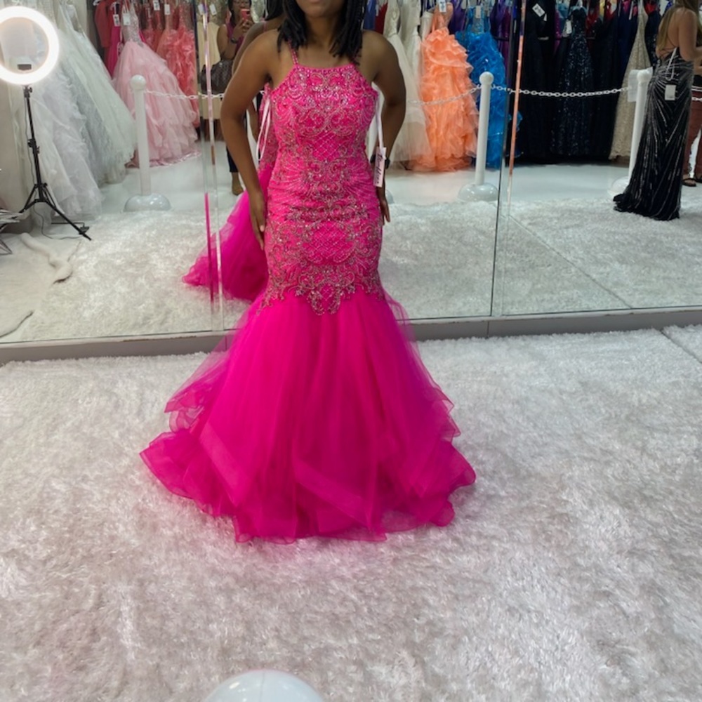 Fuchsia Pink Mermaid Tulle Sequin Long Prom Dress